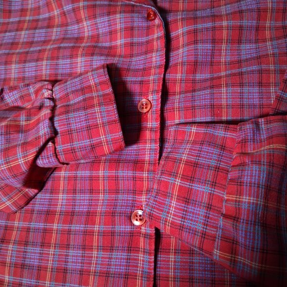 Vintage Dee Cee Blouse Women 10 Rust Blue Plaud Button Collared Modest Retro - Picture 9 of 12